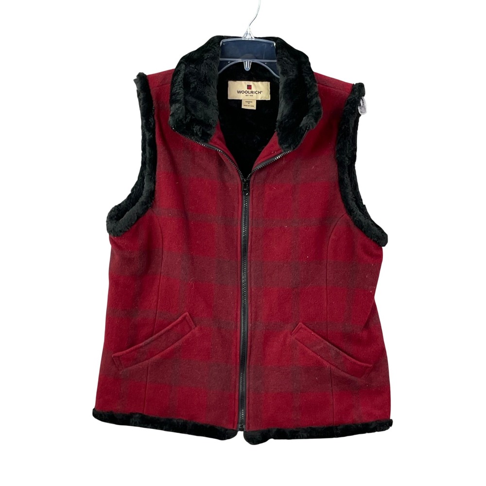 Woolrich Plaid Vest Womens Medium Red Plaid Faux Fur Trim Wool Blend Outdoor 90s